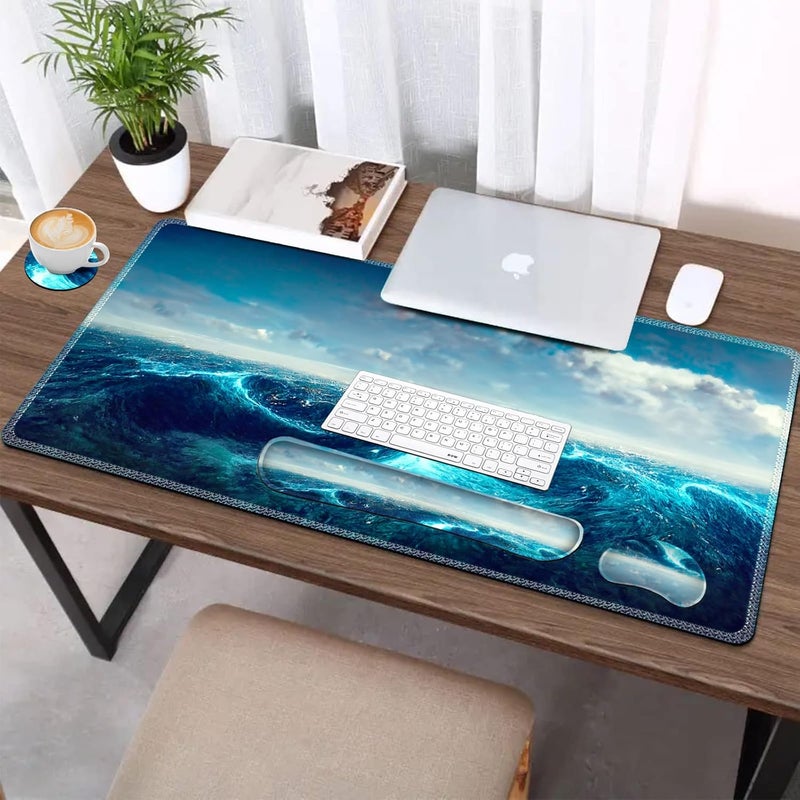 AIMSA Keyboard Mouse Pad Wrist Rest, Extended Gaming Mouse Pad +Wrist Support, Ergonomic Memory Foam,XXL Large Mousepad Easy Typing Pain Relief, 4Pcs (35×15.7 in) Desk Mat,Big Sea Waves - Image 2